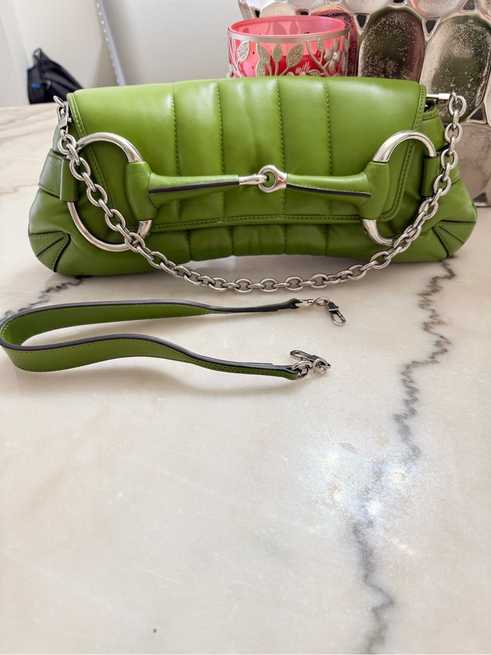 Green Gucci Quilted Shoulder Bag with Silver Chain